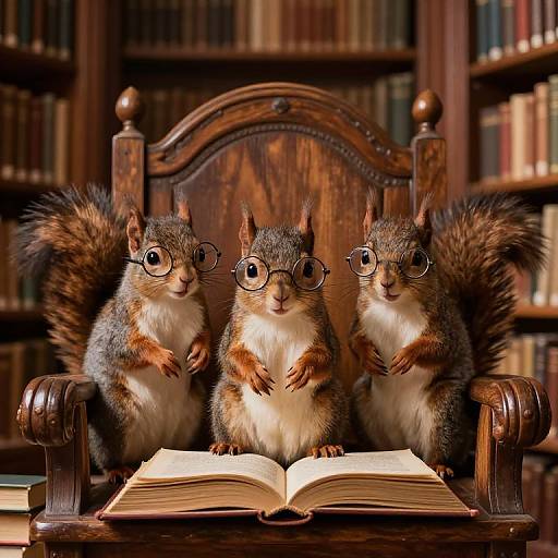 Three squirrels with glasses sit on a wooden chair, reading an open book in a library filled with bookshelves. Photorealistic image.