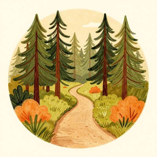 Illustration of a winding forest path with tall pine trees, vibrant orange bushes, and a warm, yellowish sky in a circular frame.