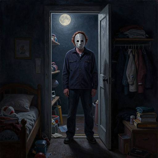 Photograph of a man with a white, horror mask standing in a dimly lit bedroom doorway at night, moonlit background.