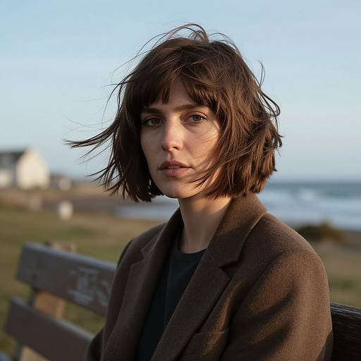 Photograph of a serious, short-haired brunette woman in a brown blazer, standing by a beach, with a blurred ocean and grassy background.