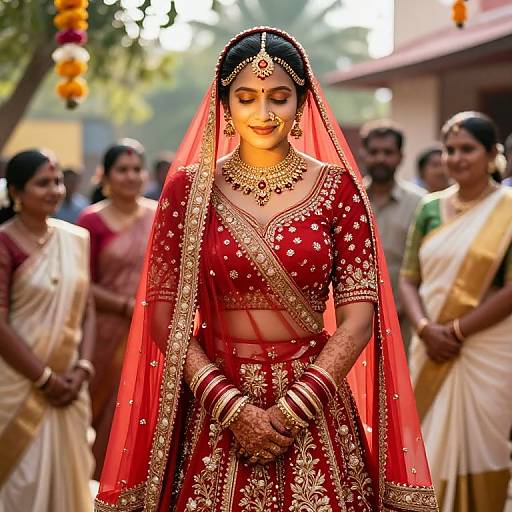 Photograph of a beautiful South Asian bride in a red and gold traditional wedding saree with intricate embroidery, veil, and jewelry, standing in front of