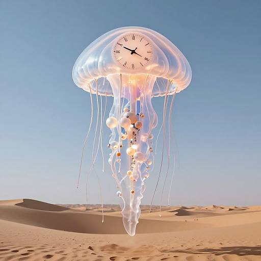 Photorealistic CGI of a glowing jellyfish with a clock face on its bell, floating over a desert landscape under a clear blue sky.
