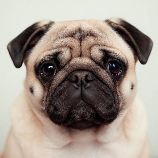 Close-up photograph of a pug with a tan and black face, large round eyes, and a wrinkled forehead, against a white background.