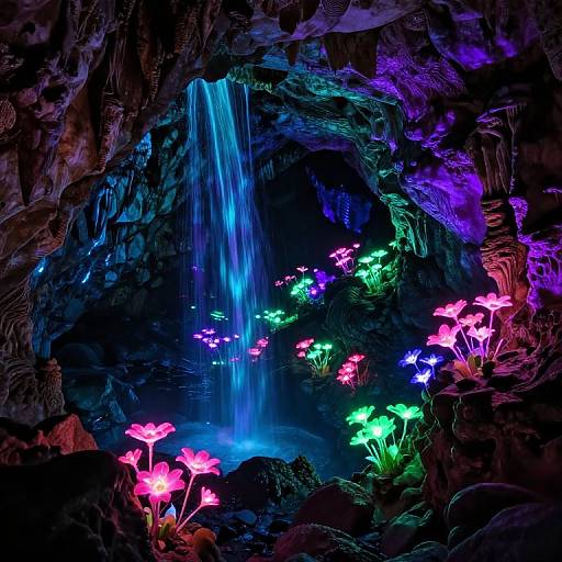 Photograph of a glowing, bioluminescent waterfall surrounded by vibrant, neon-colored mushrooms in pink, green, and blue, set against dark,