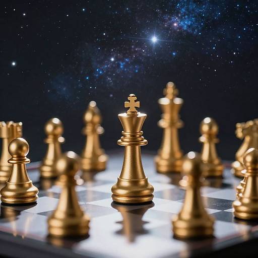 Photograph of a golden chessboard with a central king piece, surrounded by other golden pieces, set against a starry galaxy background.