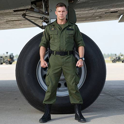 Photograph of a muscular, handsome male Air Force mechanic in green uniform standing under a large aircraft tire on a sunny tarmac.
