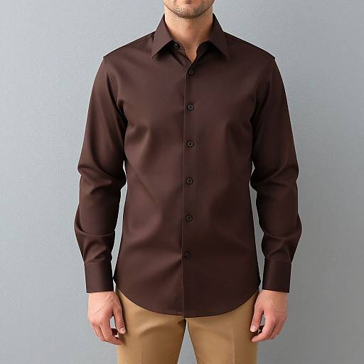 Photograph of a man in a black button-up shirt and beige pants, with a light blue background, cropped at the neck.