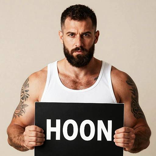 Muscular Man with Tattoos and Serious Expression