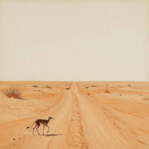 Photograph of a barren, sandy desert with a single dark brown dingo walking on a dusty road, surrounded by sparse vegetation and distant, small desert