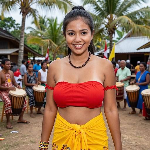 Photograph of a smiling young Asian woman with dark hair in a ponytail, wearing a red strapless top and yellow skirt, standing in a tropical