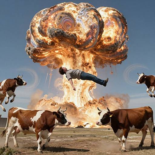 Photograph of a man in mid-air, flung by a massive, swirling explosion between four brown and white cows, under a clear blue sky.