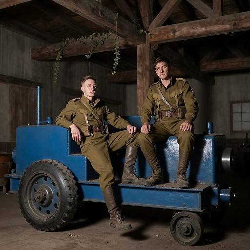 Two Soldiers on Vintage Industrial Machine