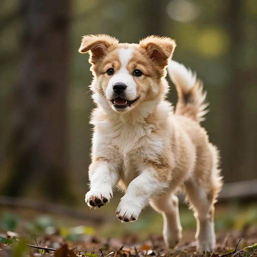 Cute Backlit Puppy Jumping in Forest
