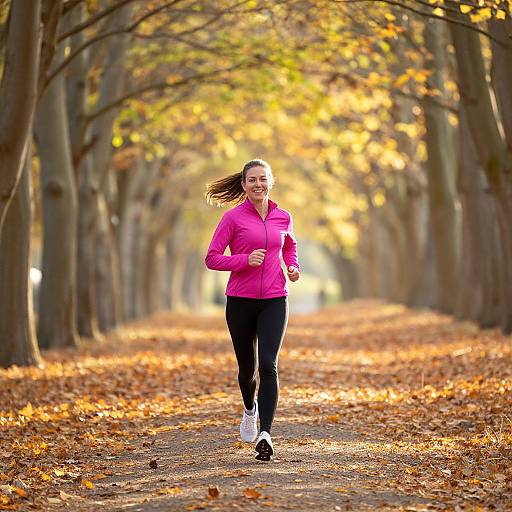 Photograph of a young woman jogging on a leaf-covered path in a tree-lined autumn forest, wearing a pink jacket and black pants.