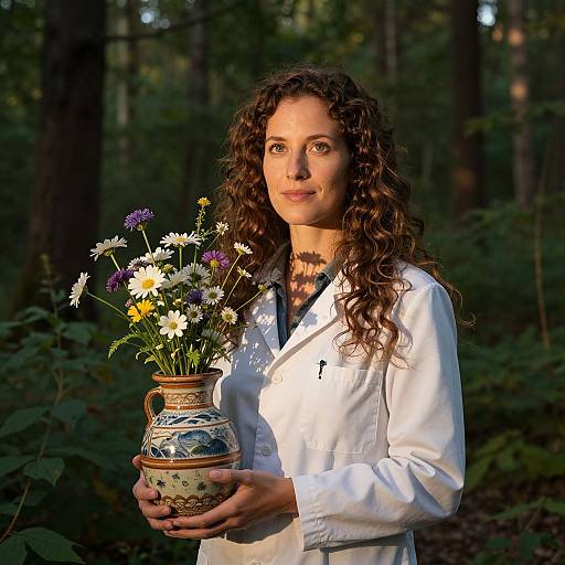 Photograph of a curly-haired woman in a white jacket holding a floral vase with daisies and wildflowers in a sunlit forest.