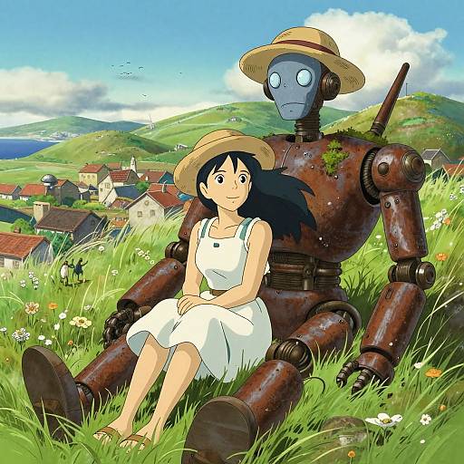 Digital anime-style illustration of a black-haired girl in a white dress sitting on a rusty, humanoid robot with a straw hat, overlooking a picturesque village and
