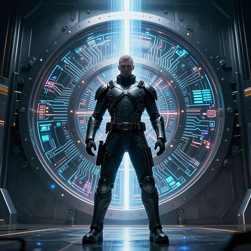 Futuristic Guardian Before Digital Vault