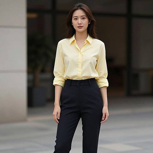Photograph of a young Asian woman with long black hair, wearing a yellow button-up shirt and black high-waisted pants, standing in front of