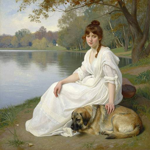 Serene Lakeside Woman with Dog