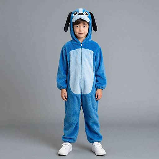 Photograph of a young boy in a blue, plush, dog-themed onesie with black ears, white chest, and white sneakers, standing against a