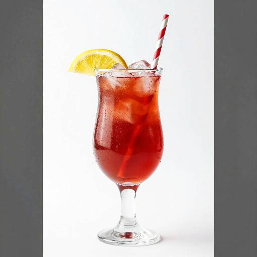 Photograph of a red cocktail in a curved glass with a lemon slice, ice cubes, and a red-and-white striped straw, against a white background