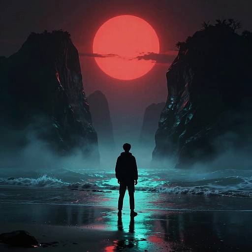 Neon-Lit Lone Figure on Misty Beach