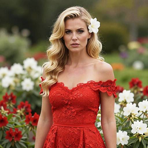 Blonde woman with wavy hair wearing an off-shoulder, red lace dress, adorned with a white flower, standing in a vibrant garden with