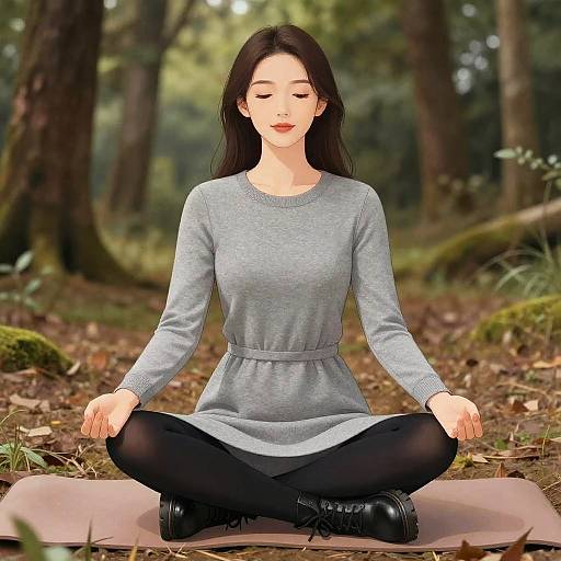 Slim Woman Meditating in Woodland