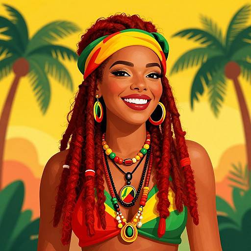 Digital illustration of a smiling Black woman with red dreadlocks, colorful headband, and beaded jewelry, wearing a green, yellow, and red bikini
