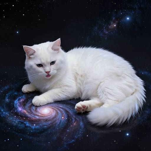 Photograph of a fluffy white cat with blue eyes lying on a swirling galaxy background, blending cosmic and feline elements.