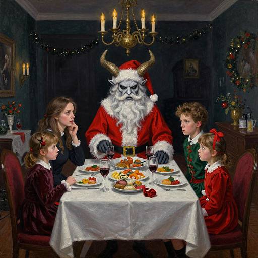 Digital painting of Santa Claus in a demonic mask, horns, and red suit, sitting at a festive dinner table with four children and candlelit room.