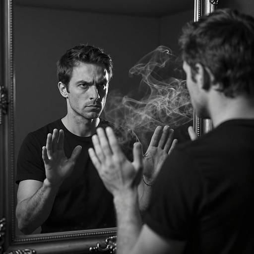 Man Facing Mirror with Smoke and Reflection