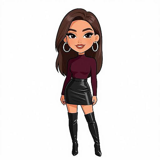 Digital cartoon of a cute woman with long brown hair, wearing a maroon top, black leather skirt, and knee-high black boots, with large hoop