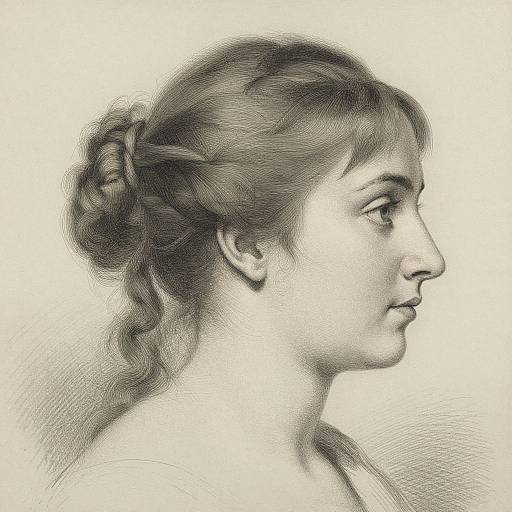 Black-and-white pencil drawing of a young woman in profile, showing delicate features, wavy hair in a bun, and soft shading.