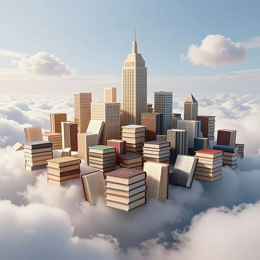 Digital artwork of a cityscape with skyscrapers, books stacked in place of buildings, floating above clouds under a blue sky.