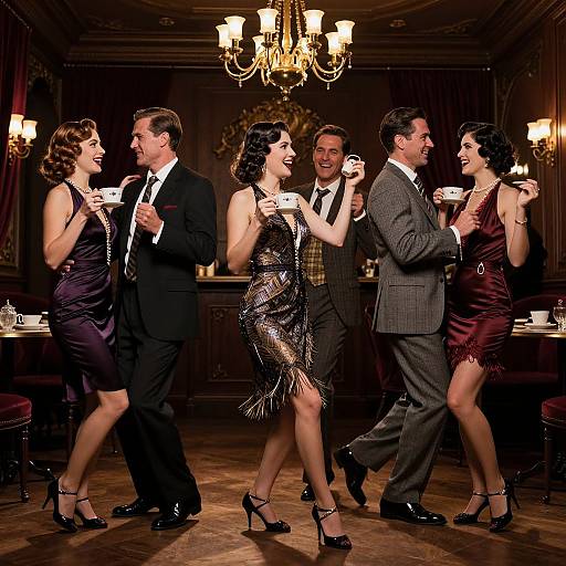Photograph of five vintage-style dancers in formal attire, holding tea cups, mid-dance in an ornate, dimly-lit ballroom with
