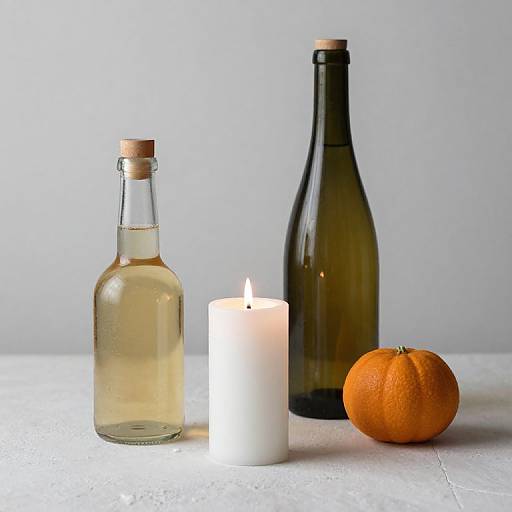 Photograph of a lit white candle beside a bottle of clear liquid, an orange, and a green glass bottle on a white surface.