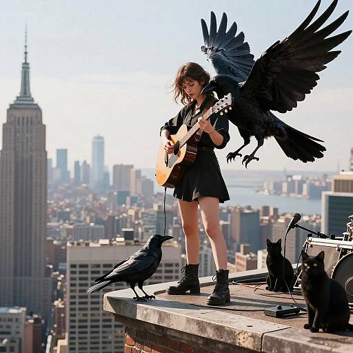 Digital art: Gothic girl with black wings and raven, playing guitar on NYC rooftop, skyscrapers in background, black cat and crow nearby.