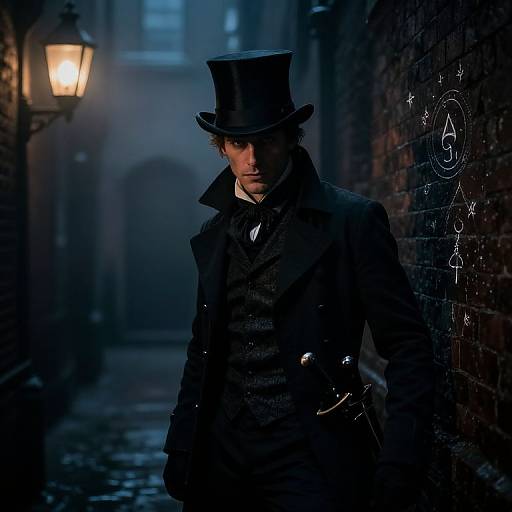 Photograph of a brooding man in a black top hat and coat, standing in a dimly lit, cobblestone alley at night, illuminated