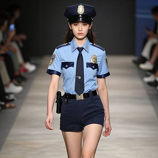 Photograph of an East Asian woman modeling a police uniform on a runway, wearing a blue shirt, black tie, shorts, and hat.
