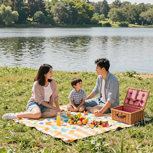 Photograph of a family picnic by a lake: mother, father, and young son sitting on a colorful blanket with a wicker basket, fruit,