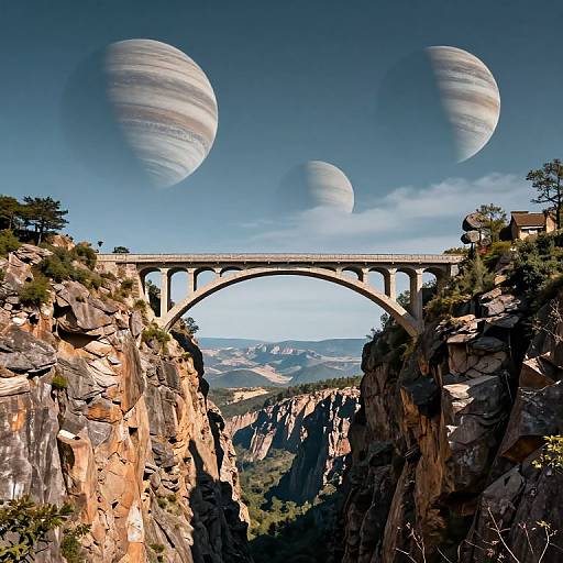 Photograph of a rocky canyon with a stone arch bridge, featuring three large, Saturn-like gas giant planets in a clear blue sky.