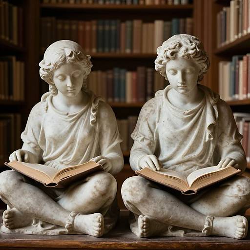 Photograph of two white marble angel statues, sitting cross-legged and reading open books, against a background of wooden bookshelves filled with books.