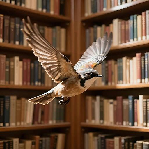 Photograph of a black and brown crow with spread wings flying through a sunlit library, surrounded by tall wooden bookshelves filled with colorful books.