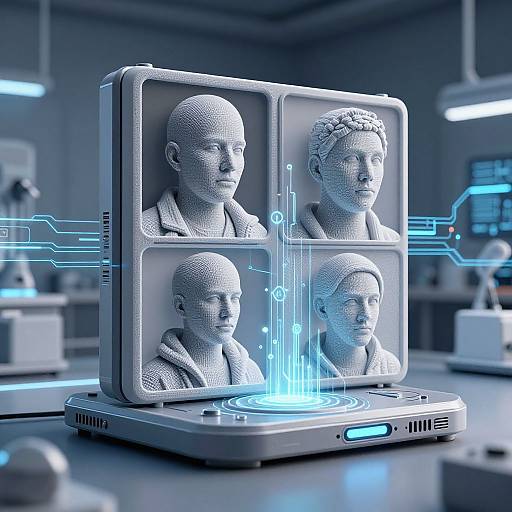 CGI image of a futuristic device displaying four 3D-rendered, grayscale, human-like faces with glowing blue hologram in the center.