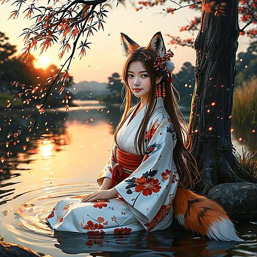 Digital painting of an East Asian woman with fox ears and tail, in a white floral kimono, sitting in a serene lake at sunset, surrounded by