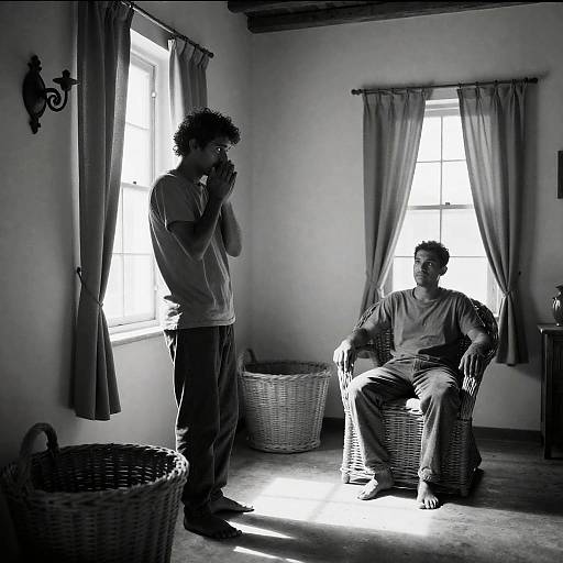 Sunlit Wicker Room with Two Men