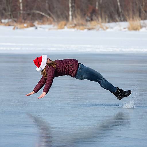 Photograph of a woman with brown hair, wearing a red Santa hat, maroon jacket, and blue jeans, falling flat on her back on a