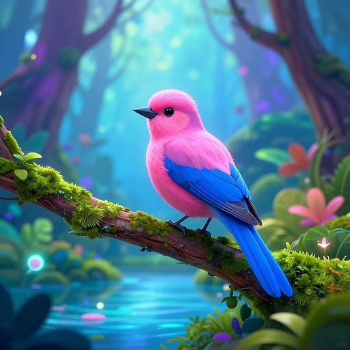 Vibrant digital illustration of a pink and blue bird perched on a mossy branch in a mystical, glowing forest with a serene blue river in