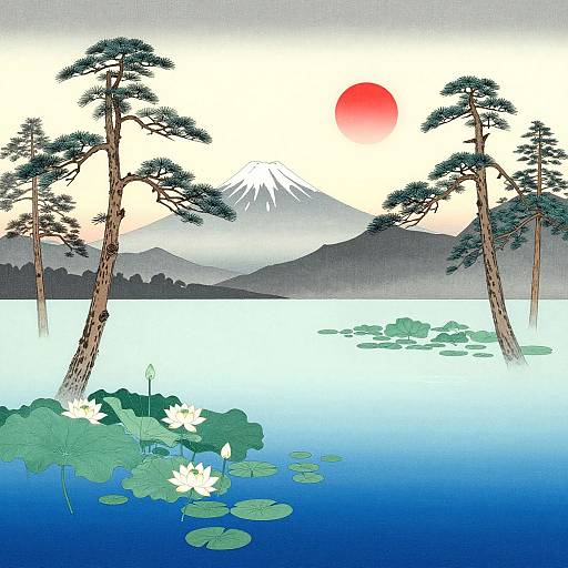 Digital artwork of serene lake with lily pads, white lotus flowers, pine trees, red sun, and snow-capped mountain in background.